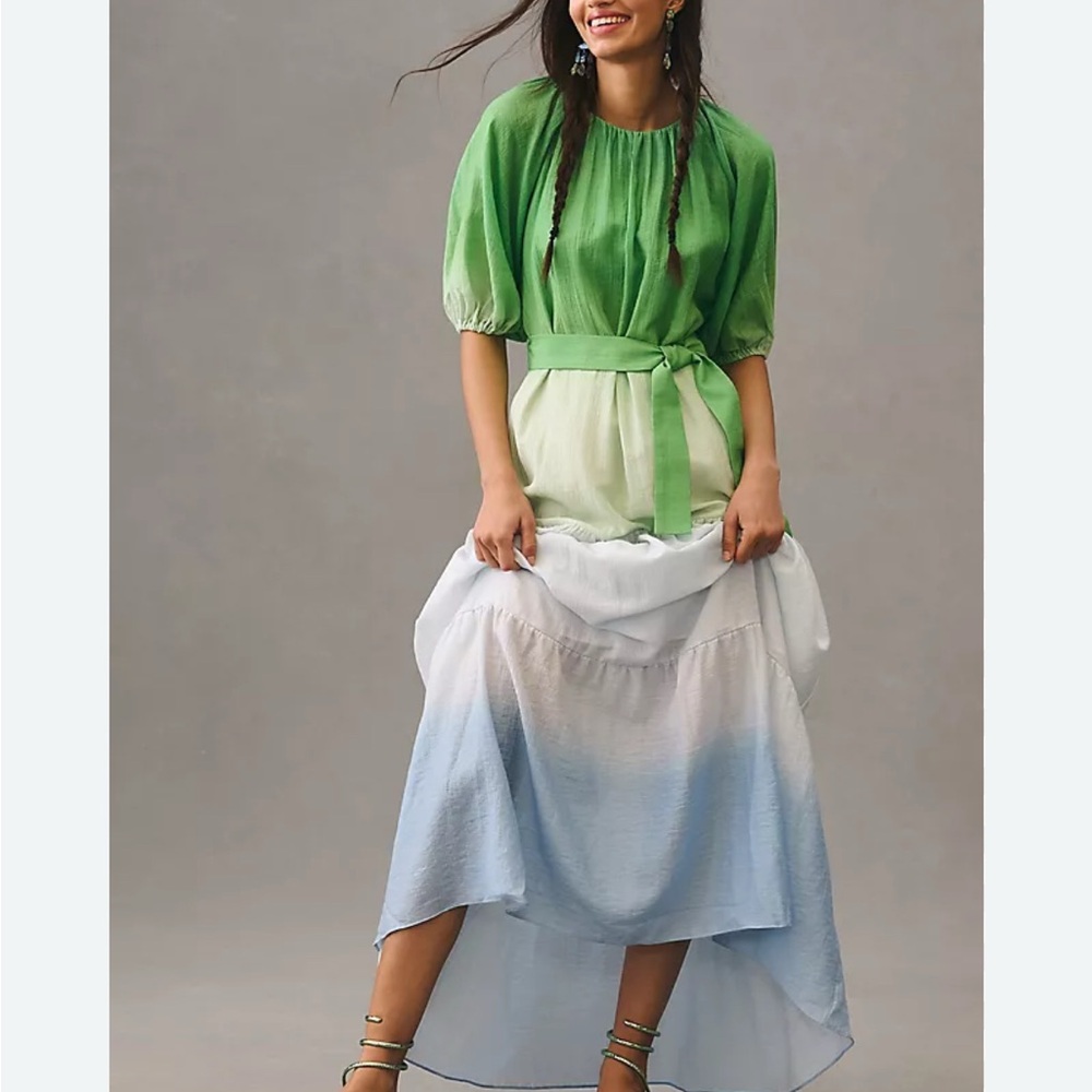 Anthropologie Significant Other Puff-sleeved belted Green and Blue Ombre Dress